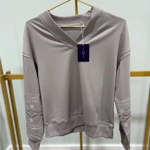 Gray V-Neck Sweatshirt with Patterned Sleeves